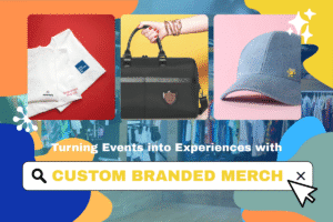 Custom branded merch at events creating lasting brand experiences with tote bags, apparel, and drinkware