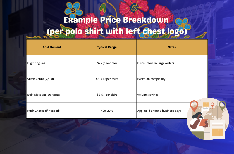 Embroidery pricing breakdown with stitch counts and bulk orders