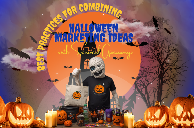 Collection of custom promotional products like tote bags, mugs, and pens used in Halloween Marketing Ideas for businesses.