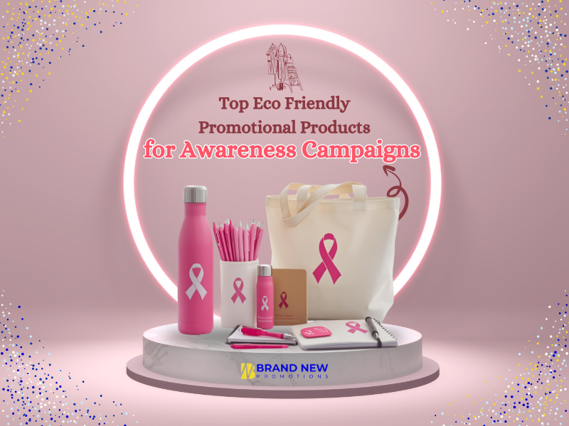 Collection of top eco friendly promotional products for breast cancer awareness including reusable bottles and tote bags