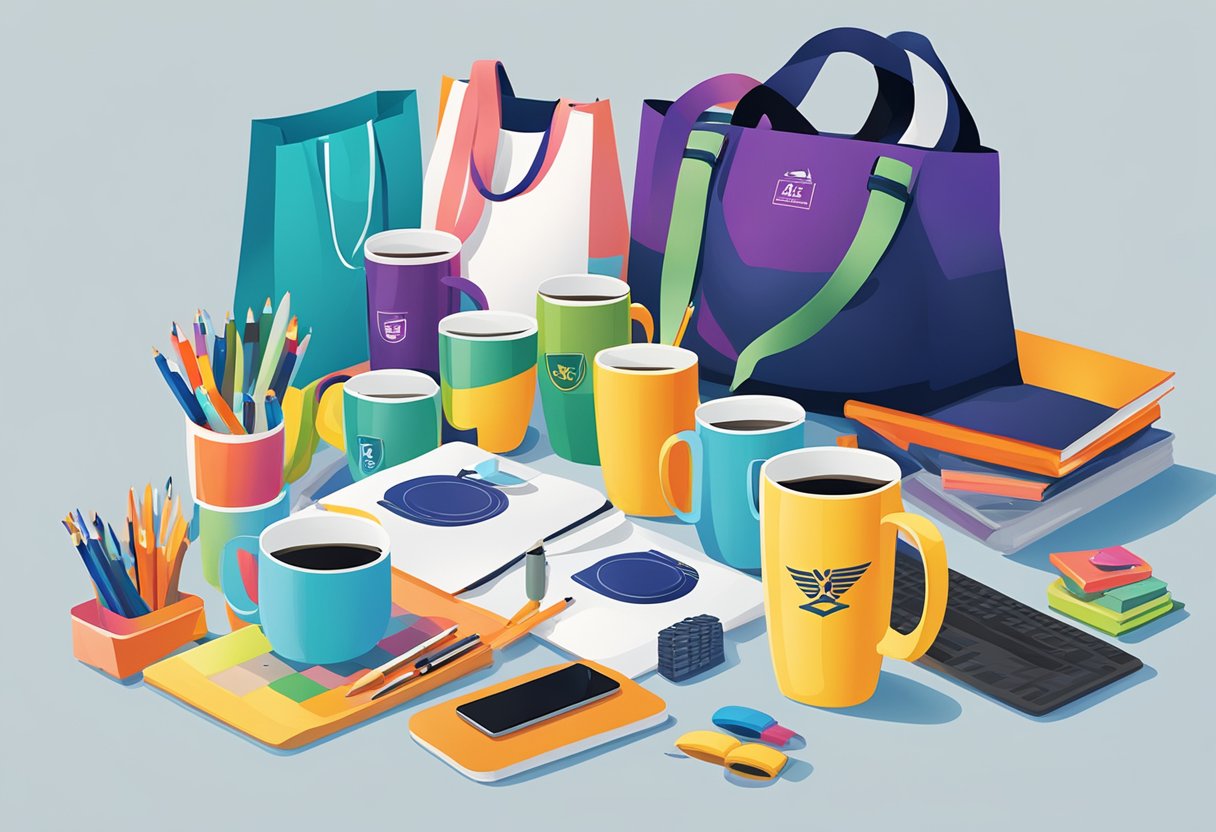 Colorful and engaging fun promotional products displayed on a table, including branded stress balls, tote bags, and custom mugs designed to attract customers.