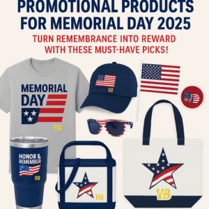 Memorial Day 2025 promotional products showcasing patriotic designs like t-shirts, flags, and drinkware.