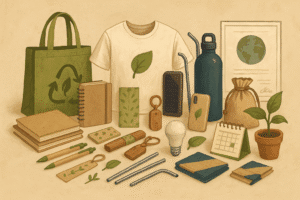 Eco-friendly giveaways for financial brands like bamboo pens, reusable bags, and solar chargers