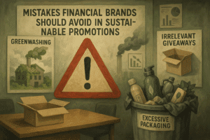 Common mistakes financial brands make in sustainable promotions, including greenwashing, poor eco-friendly giveaways, and inauthentic brand messaging.