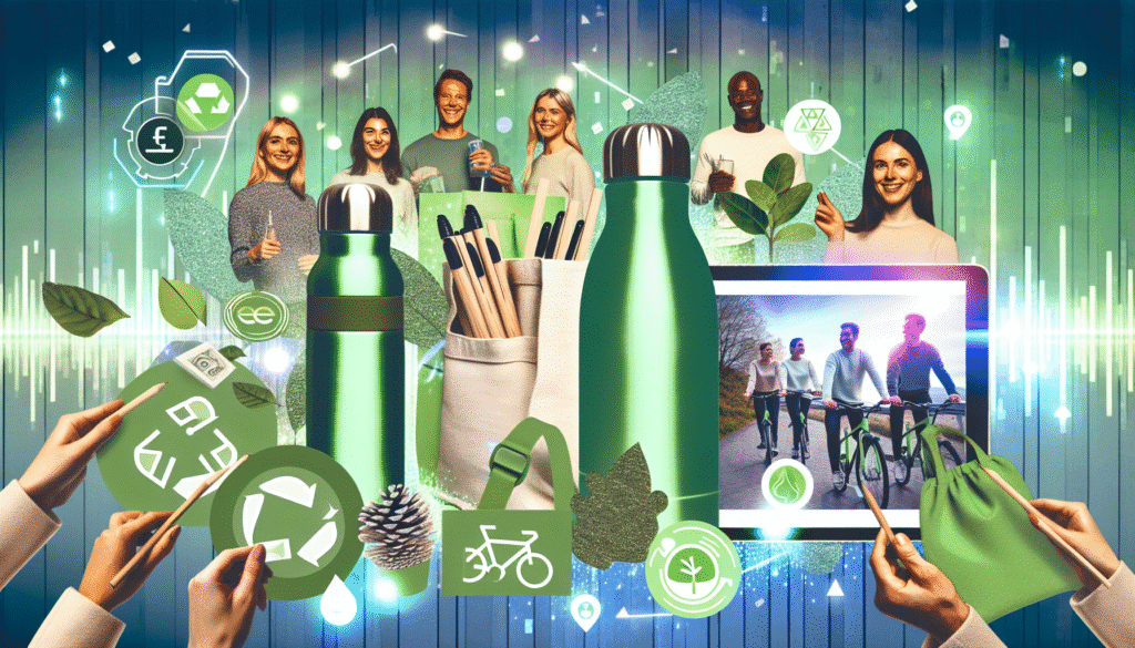 Eco-friendly giveaways for financial brands like bamboo pens, reusable bags, and solar chargers
