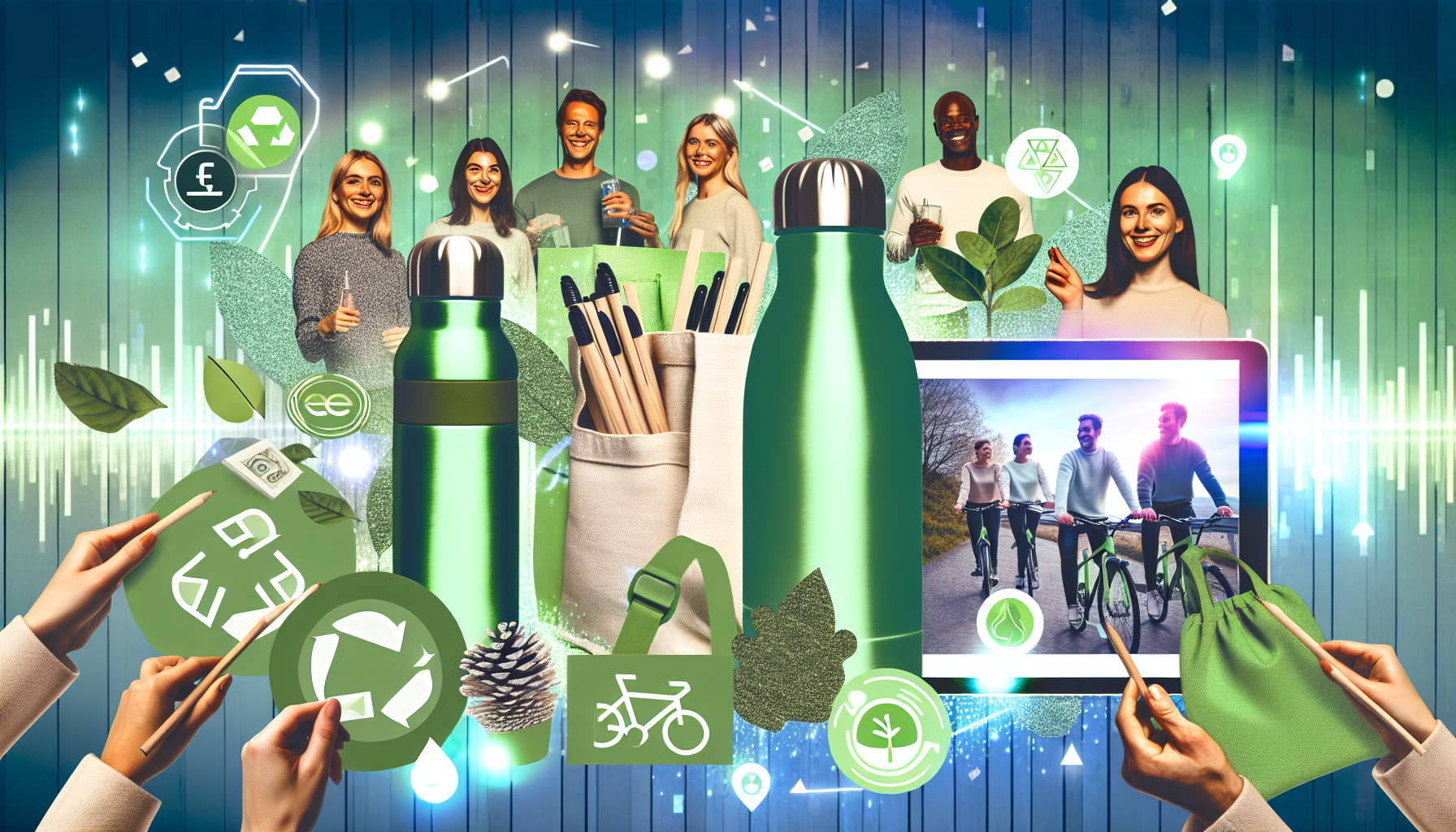 Eco-friendly giveaways for financial brands like bamboo pens, reusable bags, and solar chargers