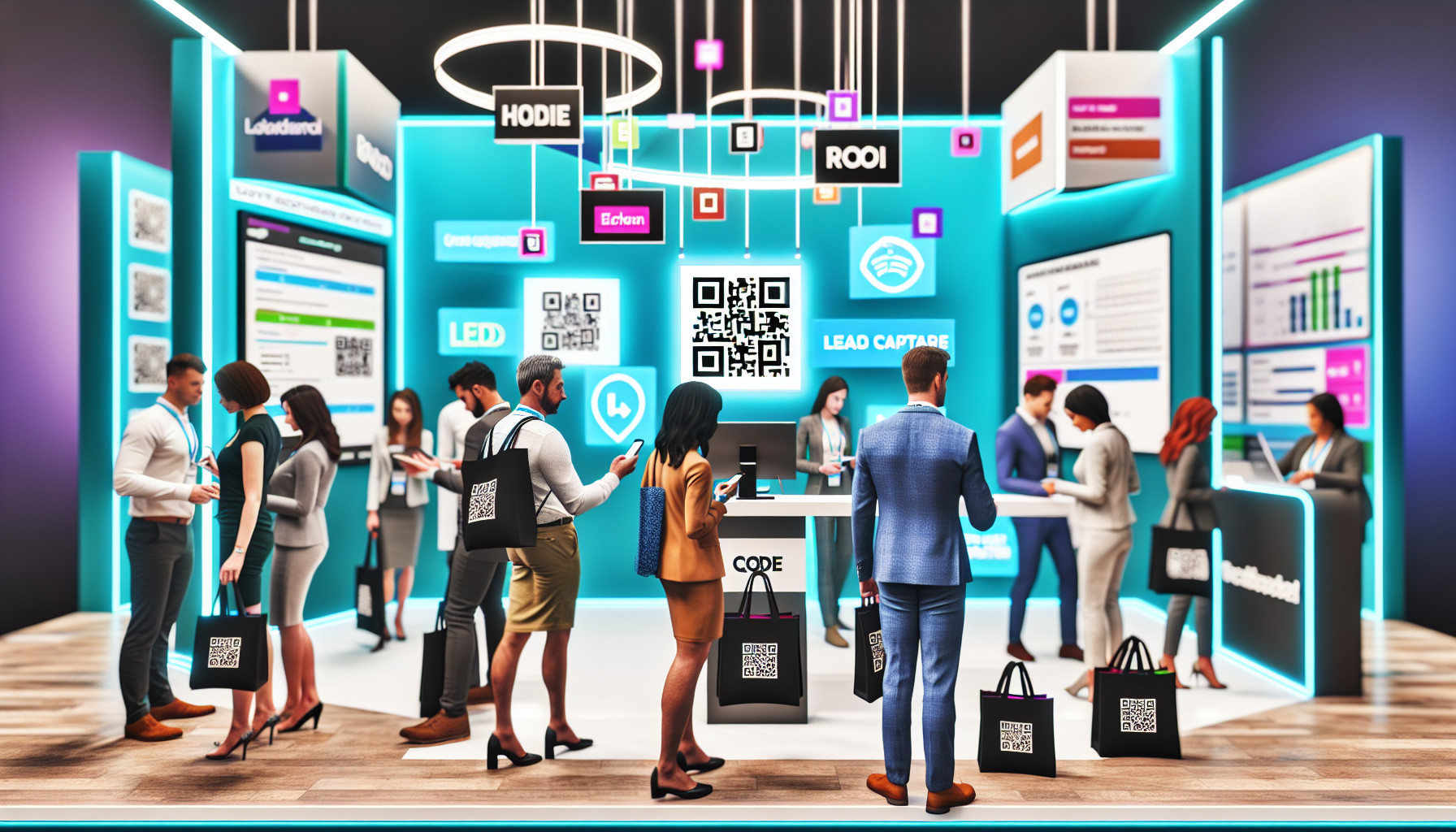 Branded QR Code Merchandise displayed at a trade show booth to increase attendee engagement.