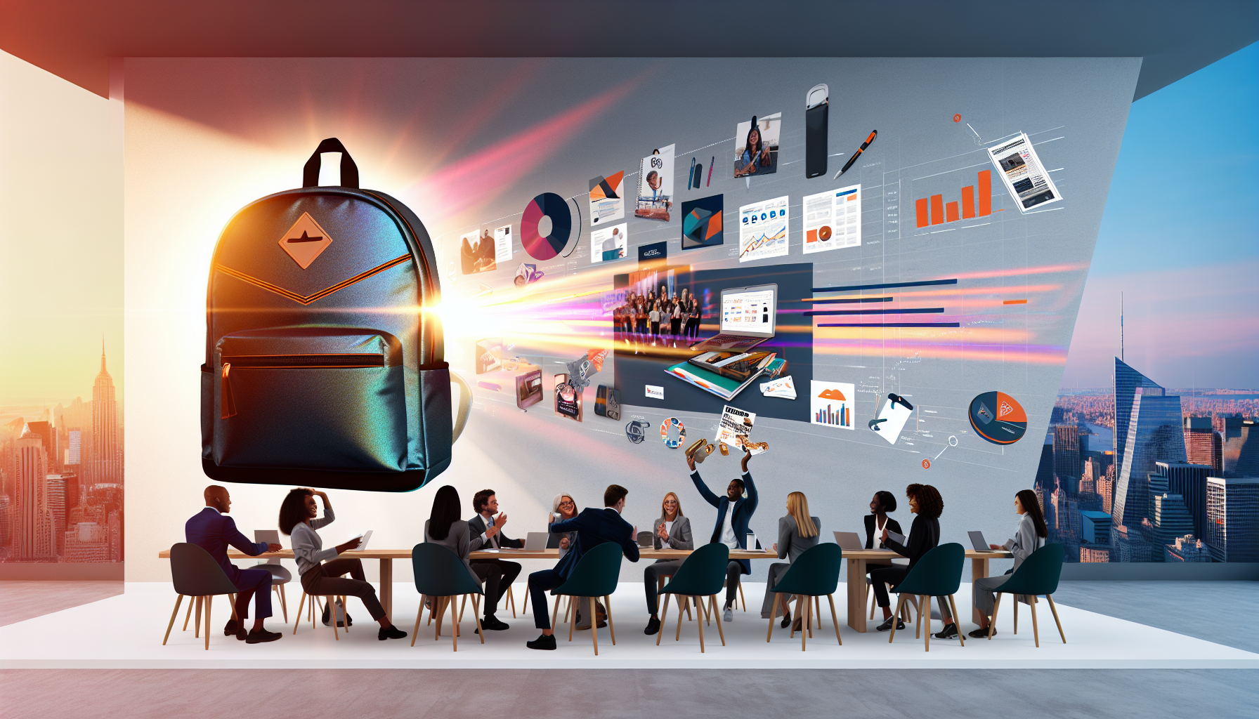 Branded backpack on a desk with company logo – custom backpack marketing strategies