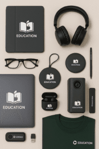 Students using promotional tech gadgets in a modern classroom setting