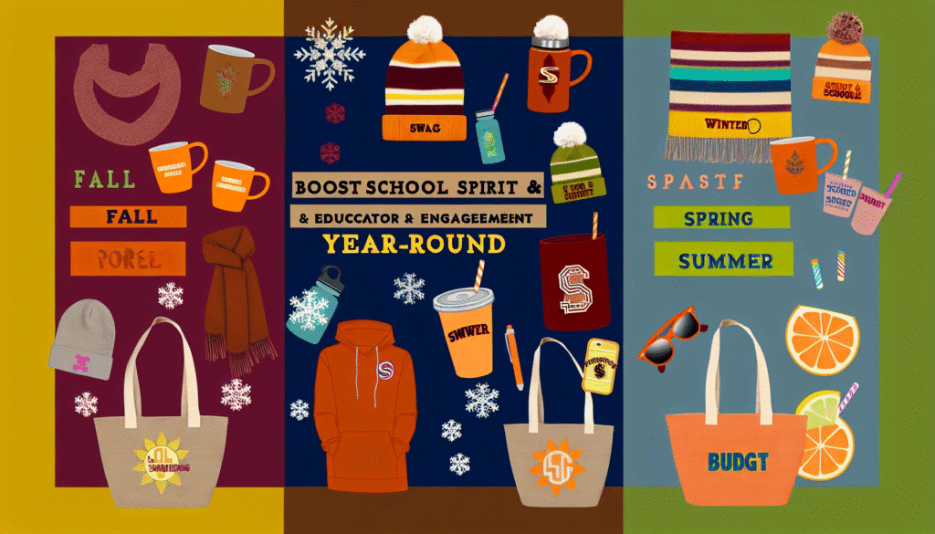 Top Seasonal Swag Ideas for boosting school spirit and teacher appreciation year-round with branded gifts.