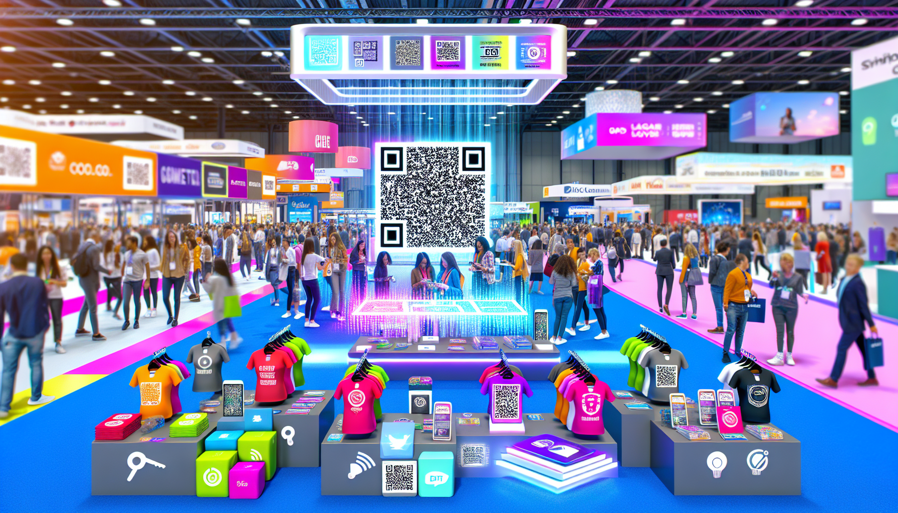Promotional trade show display featuring QR code merchandise for audience engagement.