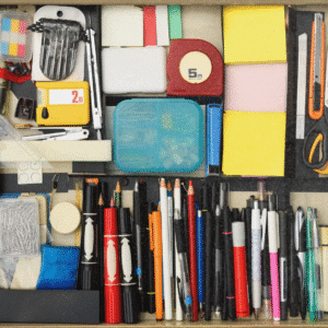 Branded office supplies on a modern desk showing pens, notepads, and calendars with company logos used for client retention