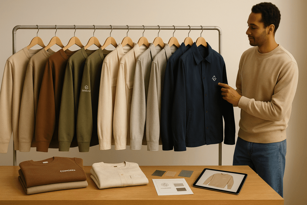 "Branded shirts and jackets styled for fall marketing to boost engagement"