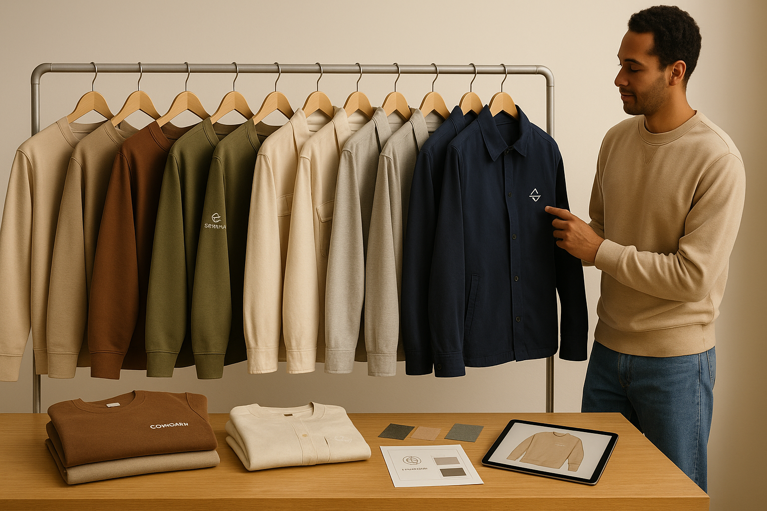 "Branded shirts and jackets styled for fall marketing to boost engagement"