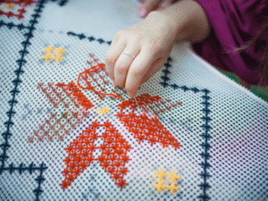 Close-up of hand embroidery stitches on fall apparel jacket