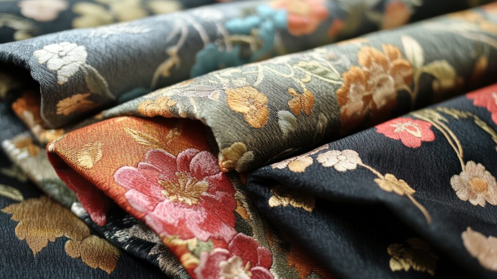 Oversized embroidered Fall Apparel fabric with different patterns. 