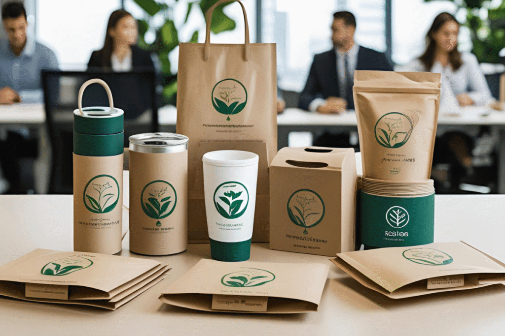 Eco-friendly giveaways for financial brands like bamboo pens, reusable bags, and sustainable mugs and drinkwares.