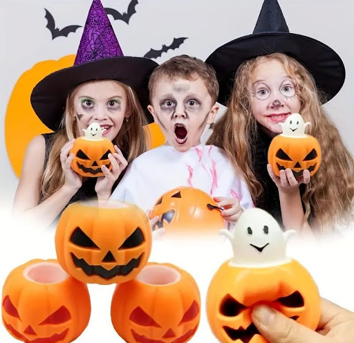 “Custom fall promotional items with Halloween themes staged in an outdoor autumn setting with jack-o'-lanterns and fallen leaves.”
