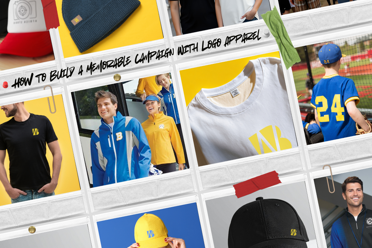 Logo apparel campaign showcasing branded t-shirts, hoodies, and caps for lasting brand visibility
