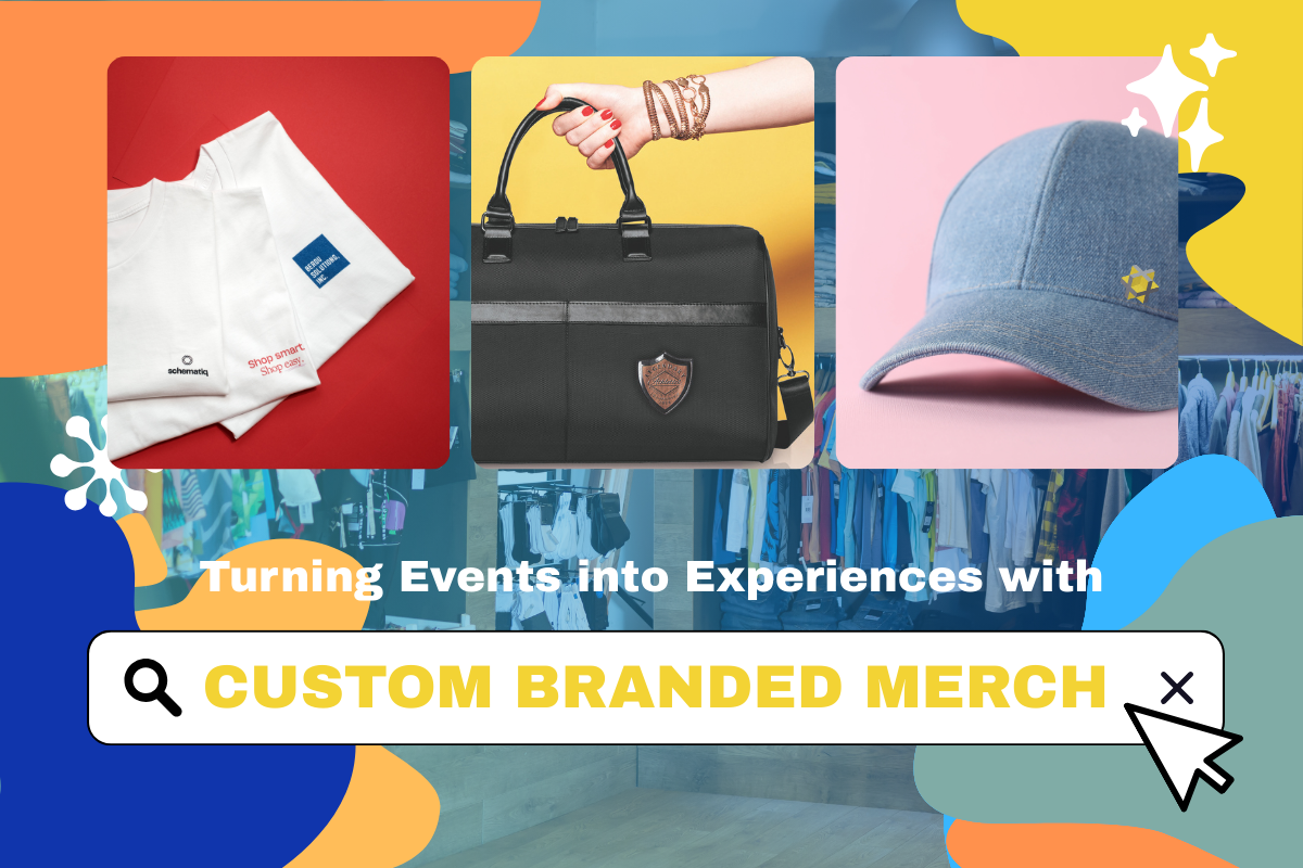 Custom branded merch at events creating lasting brand experiences with tote bags, apparel, and drinkware
