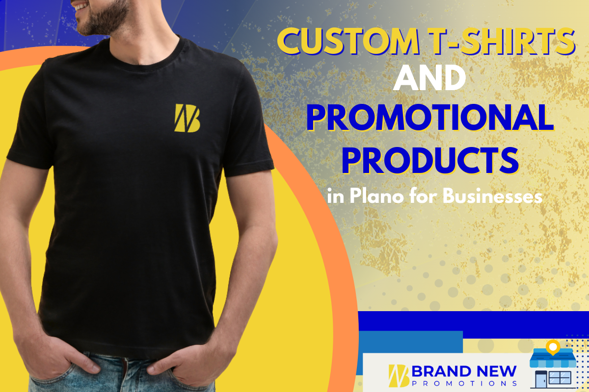 Custom T-Shirts and Promotional Products in Plano for businesses including branded tote bags, mugs, and t-shirts for brand visibility.