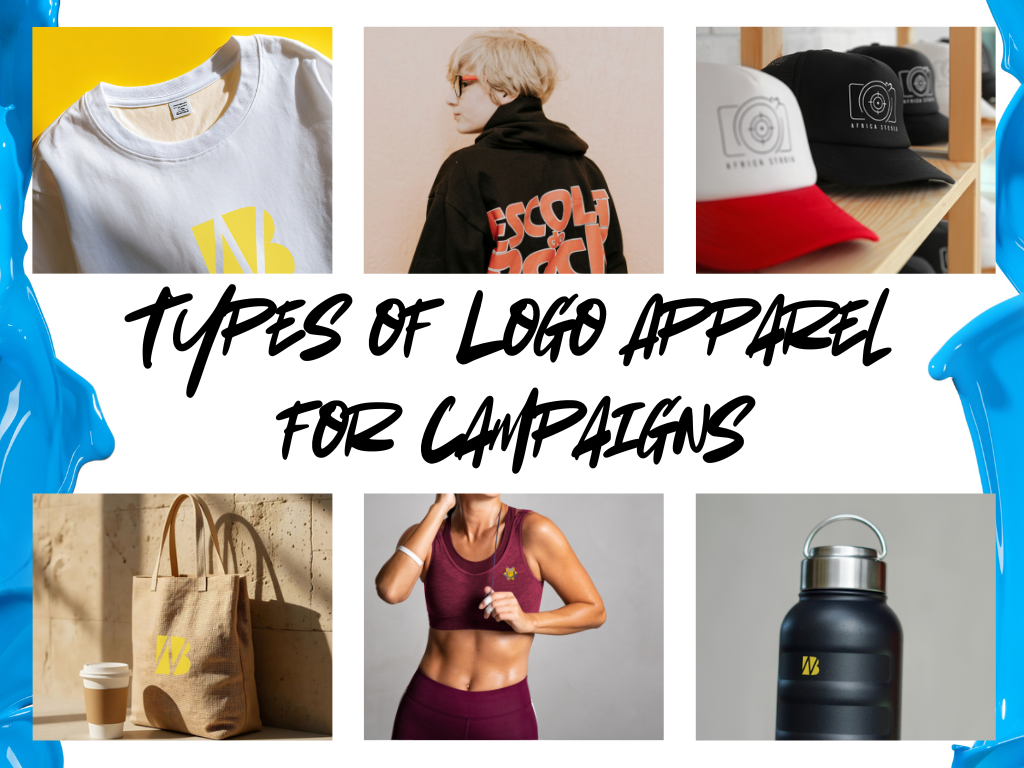 Different types of logo apparel including t-shirts, hoodies, caps, and eco-friendly options