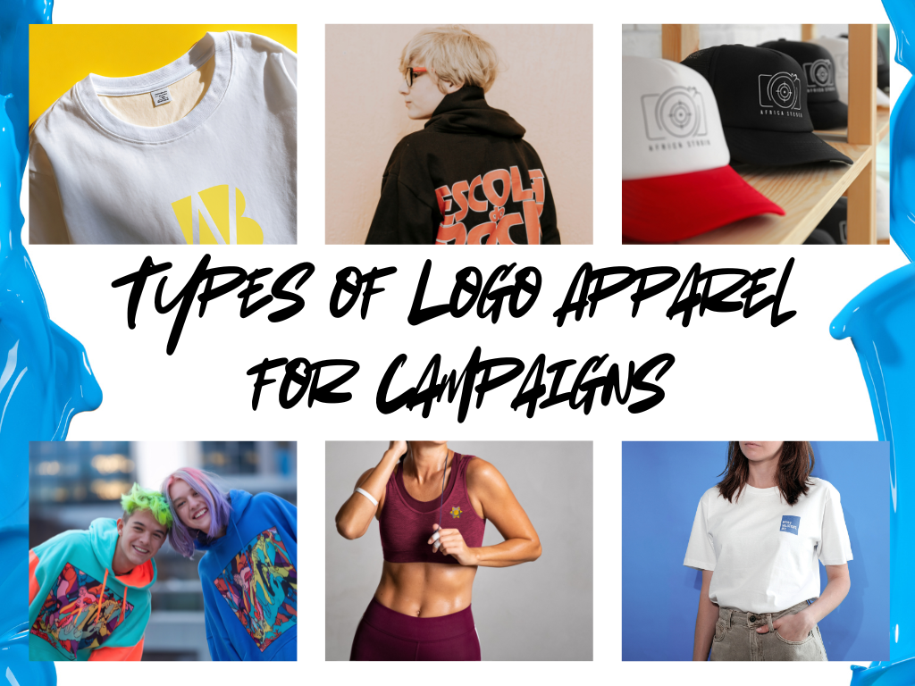 Different types of logo apparel including t-shirts, hoodies, caps, and eco-friendly options