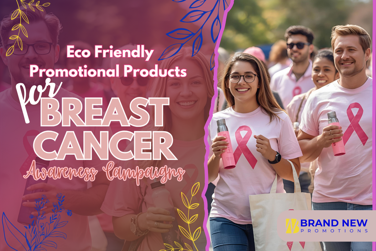 Eco Friendly Promotional Products for Breast Cancer Awareness campaign with sustainable giveaways like reusable bottles, cotton shirts, and seed paper bookmarks