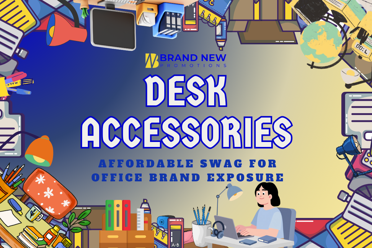 Branded desk accessories including pens, mouse pads, and organizers for office brand exposure