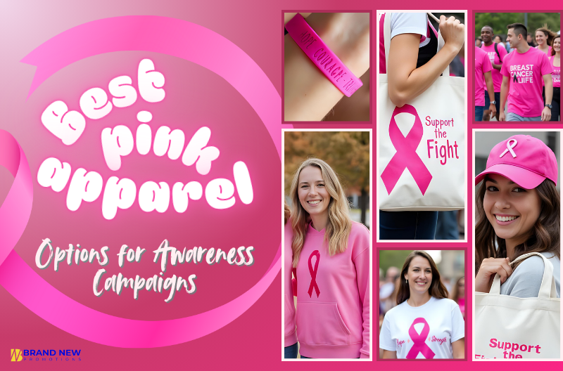 Various pink t-shirts, hoodies, and tote bags for awareness events