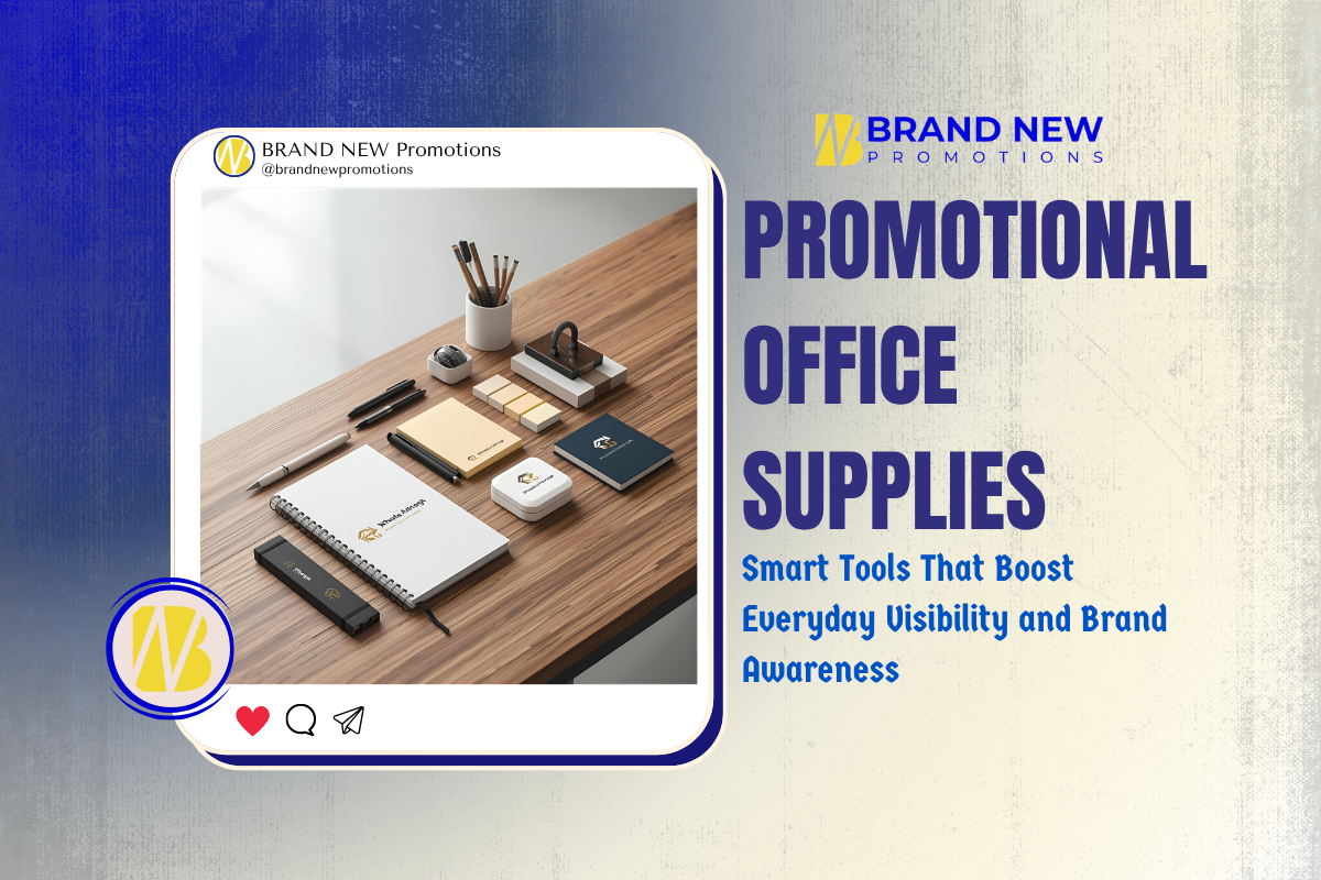 Promotional office supplies with custom logo on pens, notebooks, and desk accessories