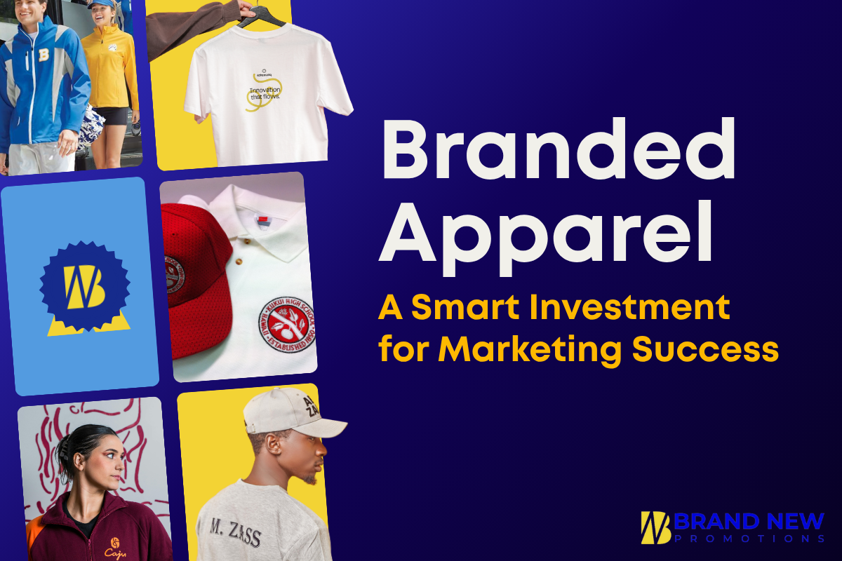 Branded apparel showcasing company logo on professional uniforms and promotional t-shirts by BRAND NEW Promotions