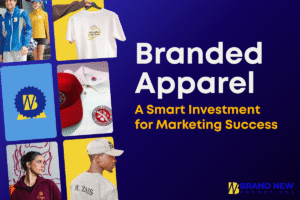 Branded apparel showcasing company logo on professional uniforms and promotional t-shirts by BRAND NEW Promotions