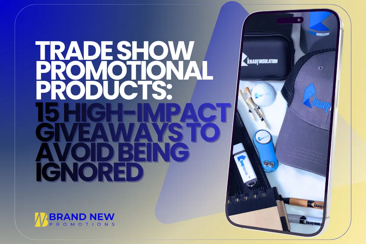 Trade Show Promotional Products displayed on branded booth table for high-impact event marketing