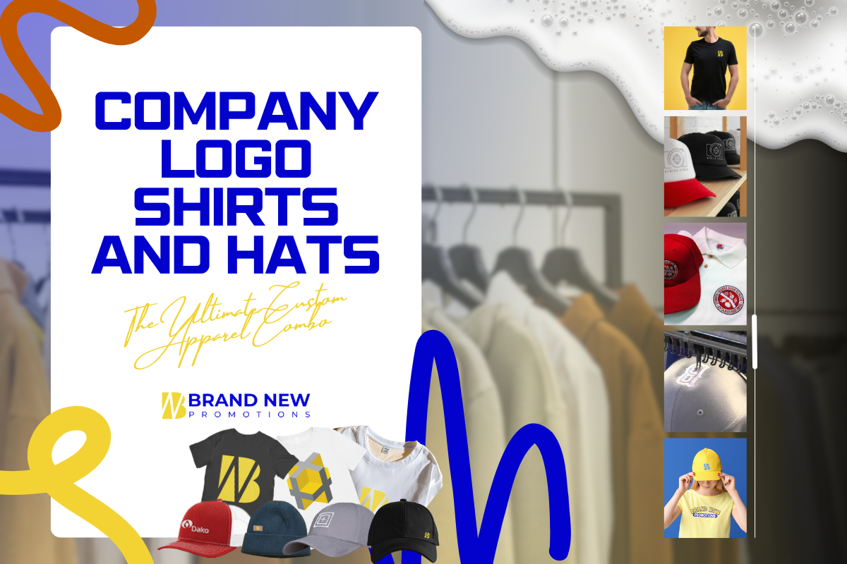 Company logo shirts and hats displayed as coordinated branded apparel for employee uniforms and promotional marketing