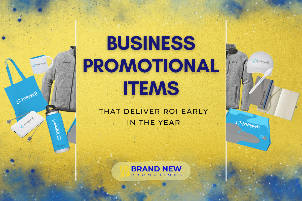 Business promotional items like branded pens, sticky notes, and drinkware used daily in office workspaces