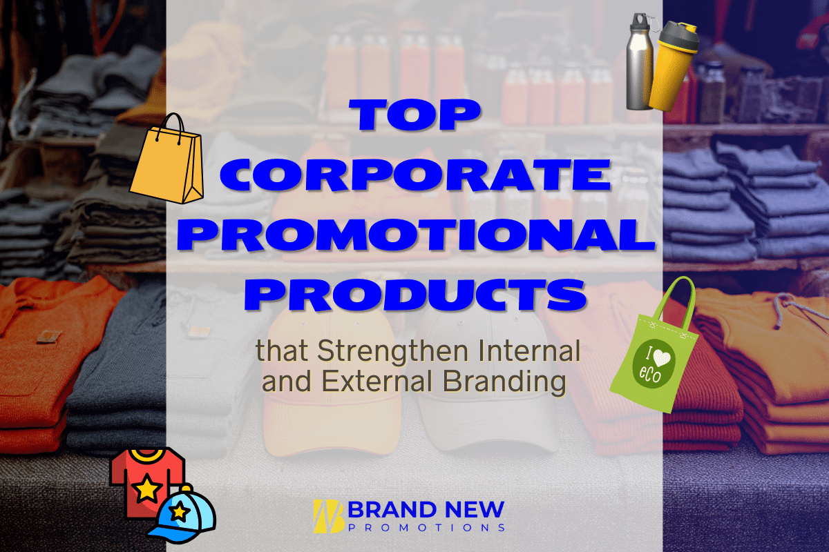 Corporate promotional products displayed in office and event settings showing branded apparel, drinkware, and office essentials used in daily work routines
