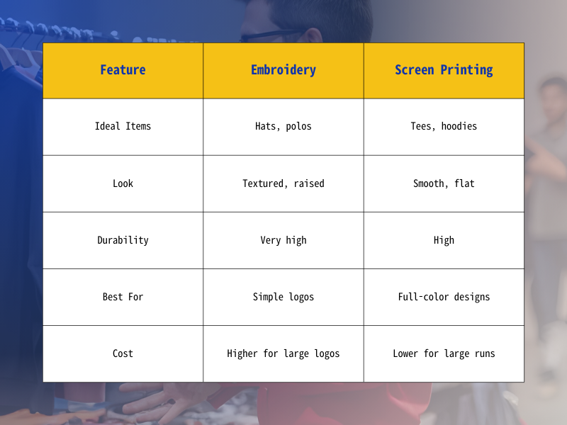 comparison of screen printing and embroidery on company logo apparel