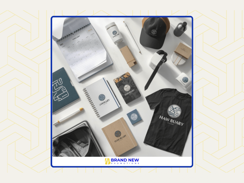 Collection of promotional items with logo including mugs, apparel, tech accessories, and office products used in daily business environments