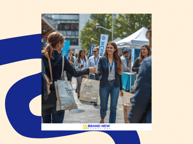 Reusable giveaway bags distributed at a live event to increase brand visibility and promote sustainable promotional bags.