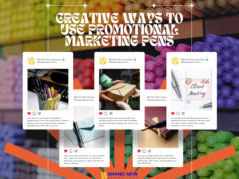 creative display of promotional marketing pens with unique branding designs
