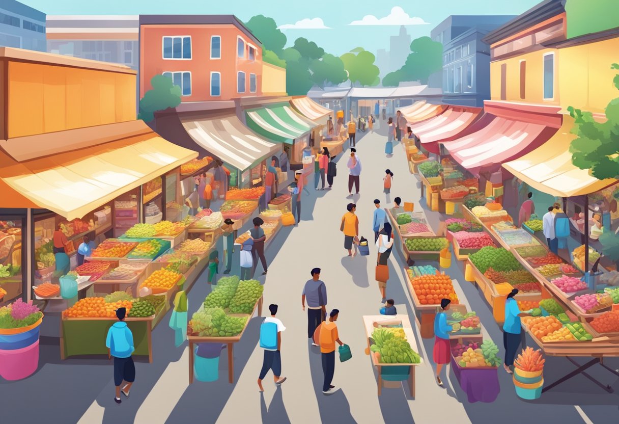 A busy marketplace with various products displayed on colorful stalls. Customers browse and interact with vendors, creating a lively and dynamic atmosphere