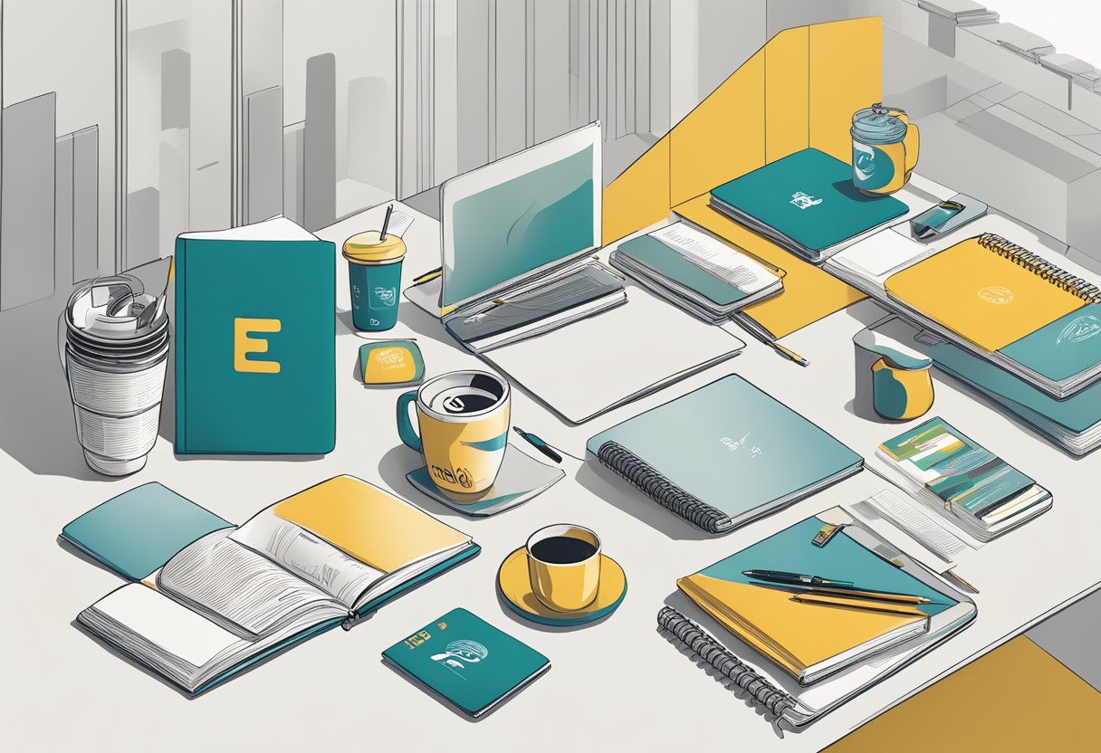 A table with various products (e.g. notebooks, mugs, t-shirts) featuring different branding ideas (e.g. logos, slogans, patterns) displayed in a studio setting