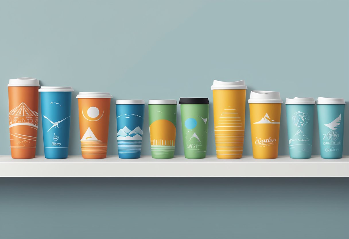 A row of travel mugs with company logos arranged on a shelf
