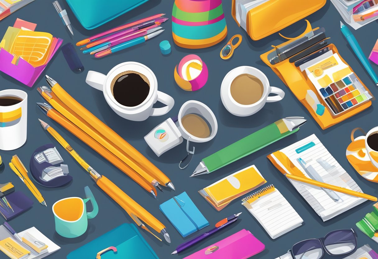 A colorful array of branded items, such as pens, mugs, and tote bags, displayed on a table at a trade show