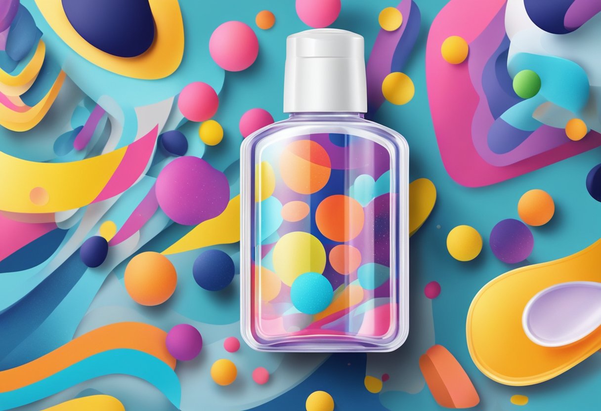 A bottle of promotional hand sanitizer gel surrounded by colorful, abstract shapes and patterns