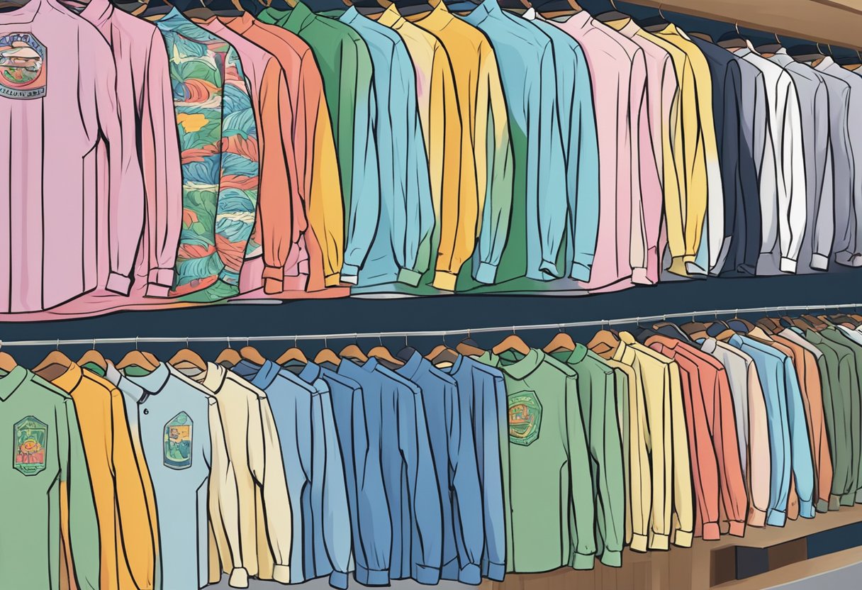 A row of custom printed long sleeve shirts on display