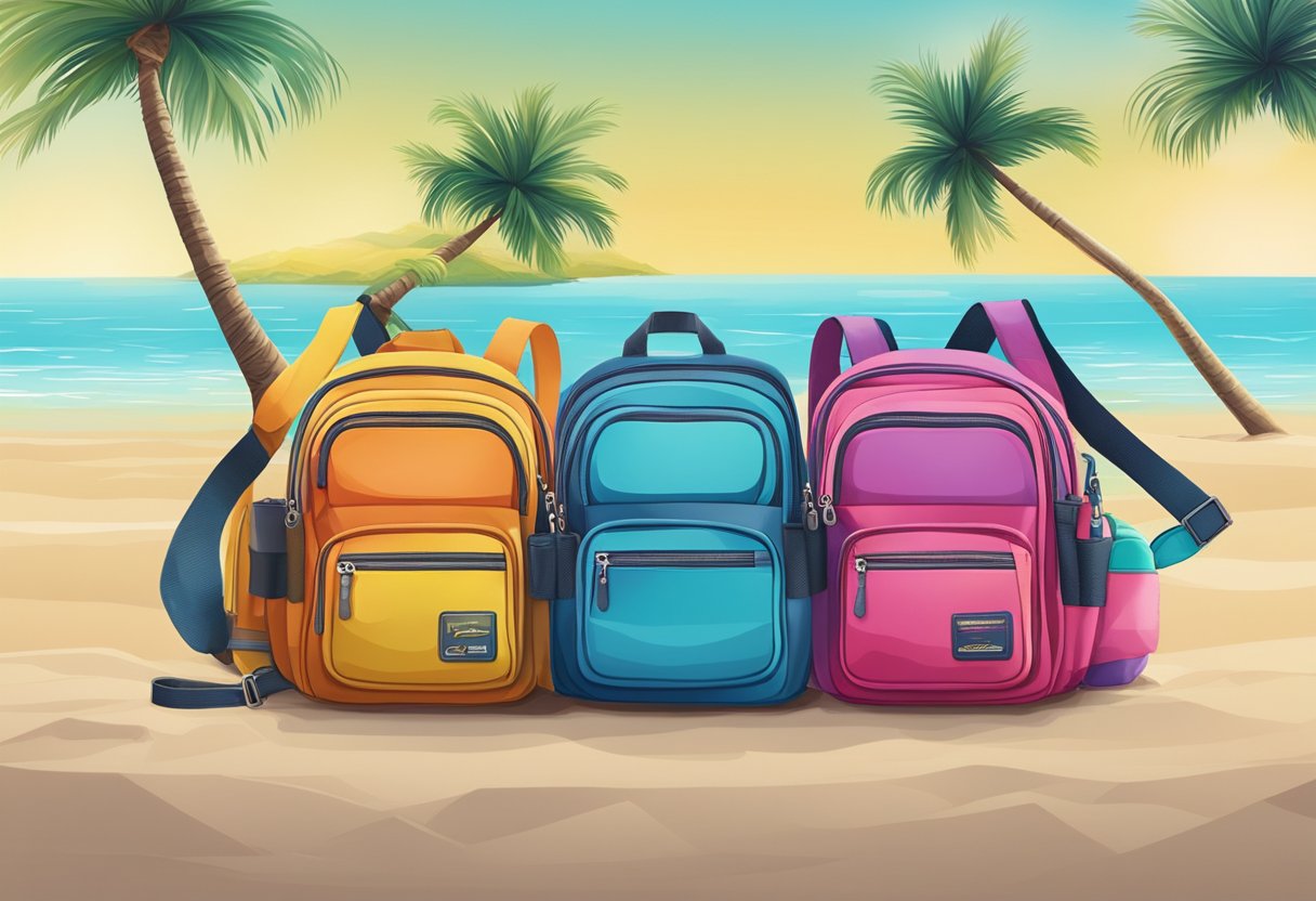 A group of colorful promotional sling bags arranged on a beach with palm trees in the background