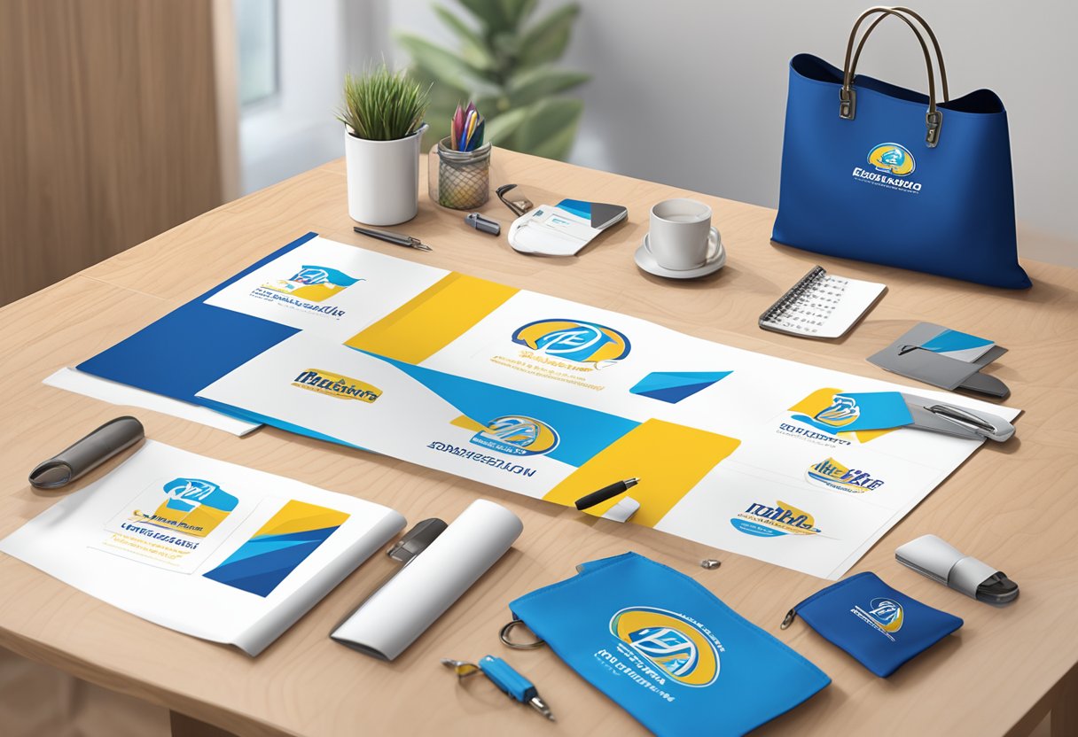 A table displays branded items: keychains, pens, and tote bags. A banner with the company logo hangs above