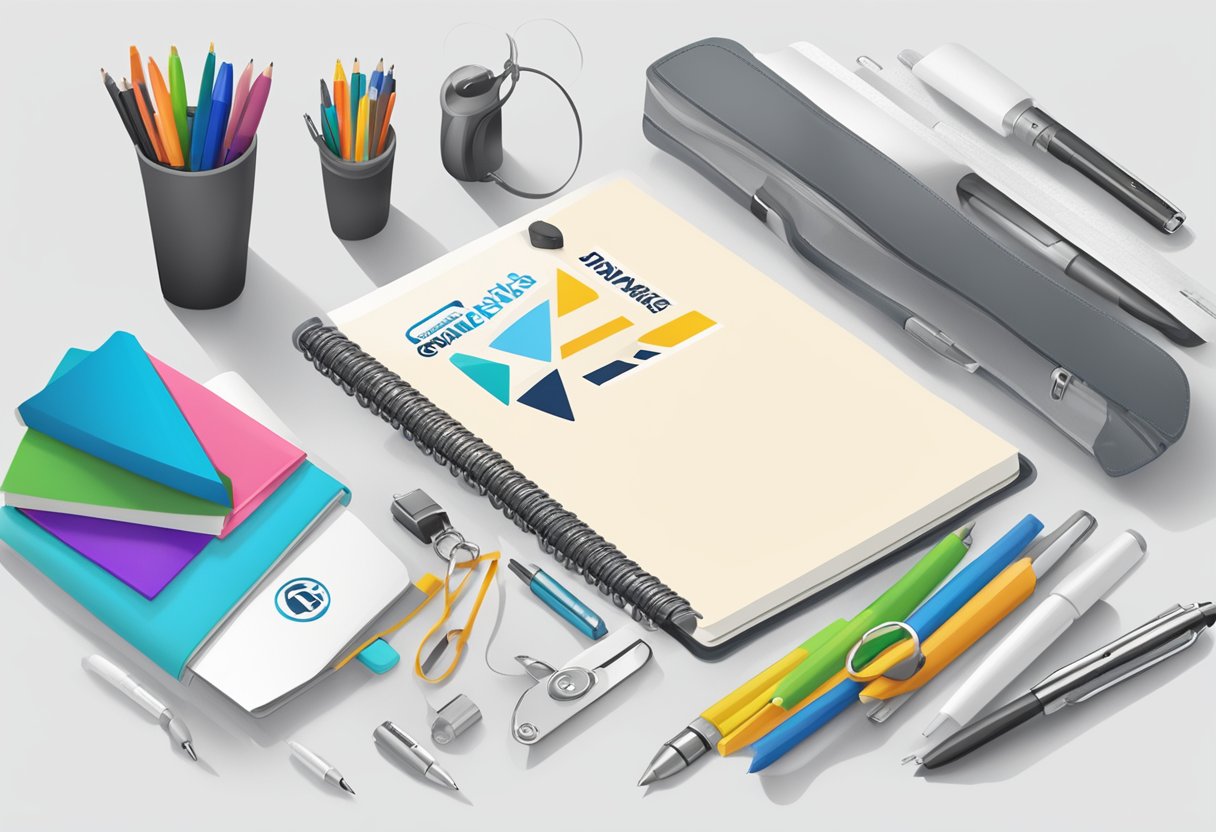 A table with branded items: pens, keychains, notebooks, and tote bags. A banner with the company logo hangs in the background